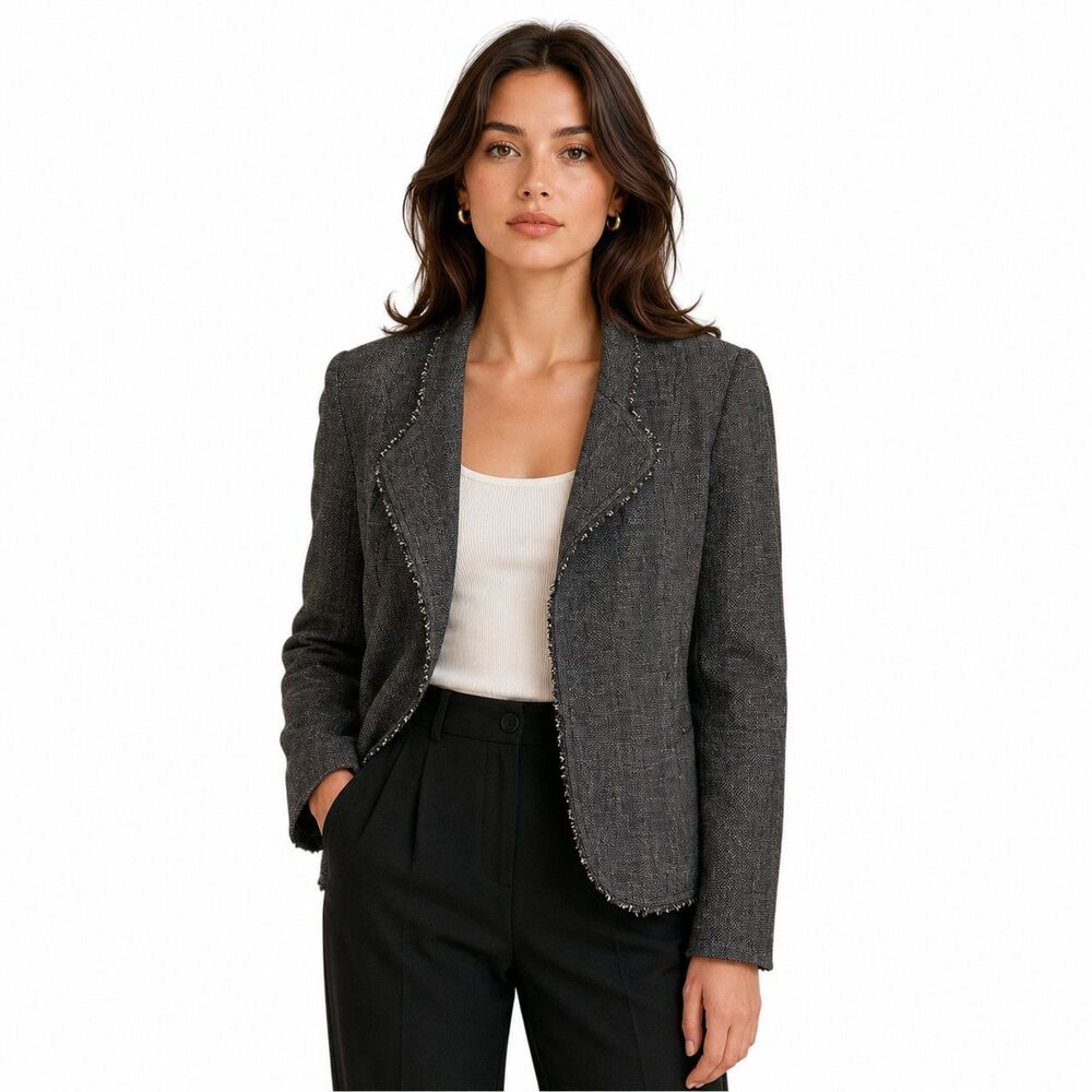 Eileen Fisher Blazer Womens XS Gray Linen Blend Open Front Tweed Jacket